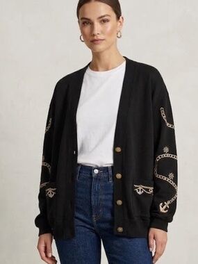 Vintage 90s Tara Vanessa Black Nautical Cardigan Sweater Large -READ